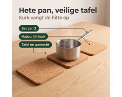 Cheqo® Kurken Pannenonderzetters Set van 3 - Onderzetters voor Pannen - Vierkante Kurken Onderzetters - Hittebestendig - Panonderzetter - Potstaantje - voor Ovenschalen en Kookpannen - voor Tafel en Aanrecht - Keukenbenodigdheden - Naturel