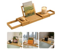 Cheqo® Luxe Verstelbare Badplank Bamboe – Uitschuifbaar Badrek – Badplank met Boekensteun, Tablethouder, Wijnglashouder & Bekerhouder – Waterbestendig Badkuiprekje – Compacte Opberging – Badaccessoires Hout