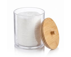 Cheqo® Make-up Organizer - Cosmetica Organizer met Bamboe Deksel - Wattenschijfjes Houder - Wattenstaafjes Houder - Opbergpot - Opbergdoos - Wattenpot - Qtip Houder - Beauty Organizer - Transparant - voor Badkamer, Slaapkamer en Kaptafel
