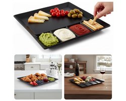 Cheqo® Mat Zwart Fonduebord - Fonduebord Porselein - Gourmetbord Met Vakken - 5-Vaks Bord - Hittebestendig Porselein - Vaatwasserbestendig Bord - Magnetronbestendig Bord - Ovenbestendig Bord - Vriezerbestendig Bord