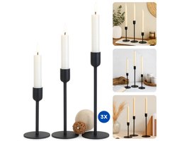 Cheqo® Metalen Kaarsenhouder Set van 3 – Zwarte Kaarsenhouders in Industriële Stijl – Woondecoratie voor Salontafel, Eetkamertafel of Bijzettafeltje – Tijdloos Design – Geschikt voor Dinerkaarsen – Kandelaar Modern
