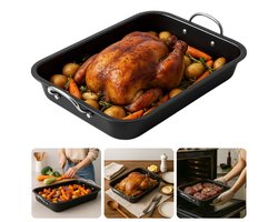 Cheqo® Metalen Ovenschaal - Anti-Aanbaklaag - Rechthoekige Schaal - Braadschaal Met Handvatten - Lasagnepan - Groenteschotel Ovenschaal - Kip Bakken Ovenschaal - Niet Vaatwasmachinebestendig - Handwas Aanbevolen