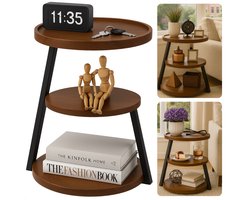 Cheqo® Moderne Bijzettafel - Bijzet Tafel - Bruin Bijzettafeltje - Zwart Metalen Frame - MDF Plateau - Opstaande Rand - Stelpootjes - Ronde Bijzettafel - Industriële Stijl - Woonkamer Tafel - Compacte Bijzettafel