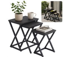 Cheqo® Moderne Bijzettafels Set - Salontafel Set - Tafelset - Bijzet Tafel Set - Bijzettafel Zwart Metaal & MDF - X Design - 3 Stuks