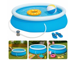 Cheqo® Opblaasbaar Zwembad met Pomp – Zwembad Set – Ronde Familiezwembad – UV- & Chloorbestendig – Blauw – Zwembad voor Tuin – Eenvoudige Installatie – Met Filter & Reparatiepatch