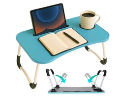 Cheqo® Opklapbare Laptoptafel - Ontbijt op Bed Tafel - Bedtafel met Tablethouder - Bank Tafeltje - Ontbijttafeltje - Banktafel - Blauw