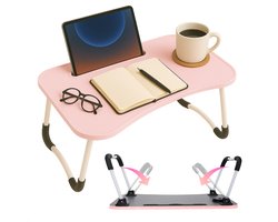 Cheqo® Opklapbare Laptoptafel - Ontbijt op Bed Tafel - Bedtafel met Tablethouder - Bank Tafeltje - Ontbijttafeltje - Banktafel - Roze