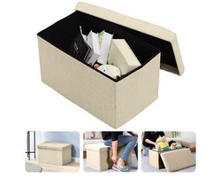 Cheqo® Opvouwbare Poef Met Opbergruimte - Beige - Grote Opbergbox - Organizer - Voetenbankje - Hocker - MDF en Katoen