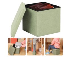 Cheqo® Opvouwbare Poef Met Opbergruimte - Groen - Opbergbox - Organizer - Voetenbankje - Hocker - MDF en Katoen