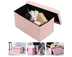 Cheqo® Opvouwbare Poef Met Opbergruimte - Roze - Grote Opbergbox - Organizer - Voetenbankje - Hocker - MDF en Katoen