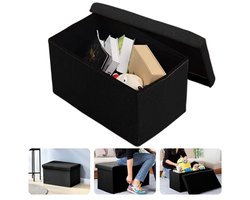 Cheqo® Opvouwbare Poef Met Opbergruimte - Zwart - Grote Opbergbox - Organizer - Voetenbankje - Hocker - MDF en Katoen