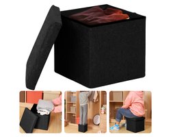 Cheqo® Opvouwbare Poef Met Opbergruimte - Zwart - Opbergbox - Organizer - Voetenbankje - Hocker - MDF en Katoen
