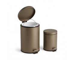 Cheqo® Pedaalemmer Set van 2 - Prullenbak - Afvalemmer - Vuilnisbak met Soft Close Deksel - Binnenemmer - voor Keuken - voor Badkamer - Vuilnisemmer - voor Toilet - Afvalbak - voor Kantoor - Rond - Metaal - Brons - voor Slaapkamer - Voetpedaal