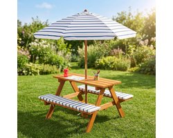Cheqo® Picknicktafel voor Kinderen met Parasol - Kinderpicknicktafel - Picknickset - Houten Picknicktafel met Kussens en Bankjes - Tuintafel Kinderen - Kindertafel Tuin - Buitenset Kinderen - Speeltafel Buiten - Picknick Tafel