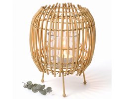 Cheqo® Rattan Look Lantaarn - Rotan Look Windlicht voor Kaarsen - Kaarsenhouder op Pootjes - Waxinelichthouder - Ronde Lantaarn voor Binnen en Buiten - Tafeldecoratie voor Woonkamer en Tuin - Boho Decoratie - Beige of Zwart Assorti