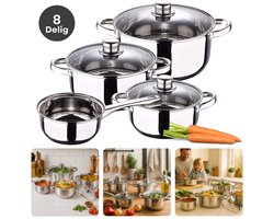 Cheqo® Roestvrijstalen Pannenset – 8-Delige Pannenset – Geschikt voor Inductie & Alle Warmtebronnen – Vaatwasmachinebestendig – Glazen Deksel met Stoomgat – PFAS-Vrij – Met Maataanduiding – Kookpan met Deksel – Sauspan met Deksel