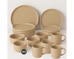 Cheqo® Serviesset 16-delig Aardewerk – Stijlvolle Bordenset 4 Persoons – Ontbijtborden & Dinerborden – Kommen & Mokken – Magnetronbestendig – Vaatwasserbestendig – Elegante Zand Kleur – Duurzame Kwaliteit