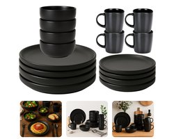 Cheqo® Serviesset 4 Persoons - Dinnerset - Dinerset - Servies Set - Bordenset met Ontbijtborden - Dinerborden - Kommen - Mokken - 16-delig - Elegant Zwart - Voor 4 Personen