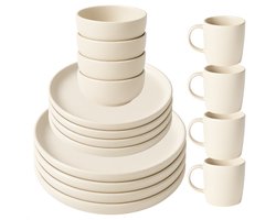 Cheqo® Serviesset 4 Persoons - Dinnerset - Dinerset - Servies Set - Bordenset met Ontbijtborden - Dinerborden - Kommen - Mokken - 16-delig - Elegant Wit Creme Beige - Voor 4 Personen