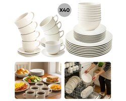 Cheqo® Serviesset 8 Persoons - 40-Delige Serviesset - Witte Serviesset - Aardewerk Servies - Vaatwasserbestendig Servies - Magnetronbestendig Servies - Elegante Tafelsetting - Borden En Kommen - Kopjes Met Schotel - Ronde Borden