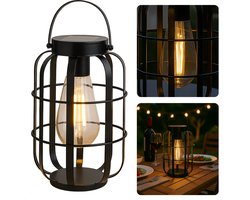 Cheqo® Solar Tafellamp Buiten – Draagbare Lantaarn op Zonne-energie – LED Warm Wit Licht – IP44 Spatwaterdicht – Tuinverlichting – Terras & Balkon Verlichting – Metalen Behuizing – Zonder Bedrading – Oplaadbare Batterij