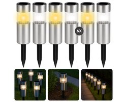 Cheqo® Solar Tuinlampen Set - Grondspots - Tuinfakkels - Tuinverlichting Set - Koel Wit Licht - RVS - Padverlichting Zonne Energie - Buitenverlichting