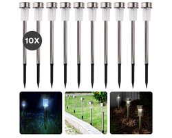 Cheqo® Solar Tuinverlichting Set - Solar Tuinspot - Buitenlamp - Tuinfakkels - Prikspots - Padverlichting - RVS - 36,5 cm - Buitenverlichting op Zonne-energie - 10 Stuks - Inclusief EBOOK