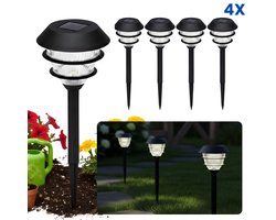 Cheqo® Solar Tuinverlichting - Solar Buitenlamp - Buitenlamp Zonne Energie - Solar Lamp Buiten - Solar Lampen Buiten - Solar Tuinlampen - Solar Priklampen - Solar Tuinverlichting Warm Wit - Zwarte Solar Buitenlamp - Solar Lampen Set 4