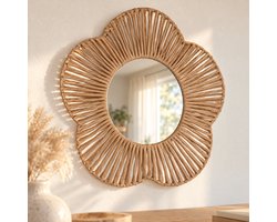 Cheqo® Spiegel Bloem Beige - Wandspiegel - Boho Wanddecoratie - Sunburst Spiegel - Muurspiegel - Sierspiegel voor Woonkamer, Slaapkamer, Hal en Kinderkamer - Babykamer Decoratie - Woonaccessoires