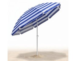 Cheqo® Strandparasol Blauw/Wit Gestreept - Knikbare en Kantelbare Parasol - Tuinparasol Verstelbaar in Hoogte - Parasol met Draagtas - UV Werende Zonwering voor Strand, Tuin, Balkon en Camping