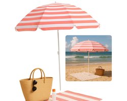 Cheqo® Strandparasol met Roze Streep - Parasol voor Strand - Tuinparasol - Terras Parasol - Polyester - Kantelbaar