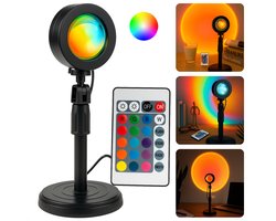 Cheqo® Sunset Lamp - 16 Kleuren - LED Projectorlamp - Afstandsbediening - Sfeerverlichting - RGB Lamp - Dimbare LED - USB-A Aansluiting - Verstelbare Hoogte - Tafellamp - Nachtlamp - Decoratief Sfeerlicht - Zonsondergang Projectie