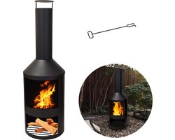 Cheqo® Terrashaard - Houtkachel - Tuinhaard - Terrasverwarming - Vuurkorf - Zwart - Inclusief Pook - 135cm Hoog - 44cm Diameter