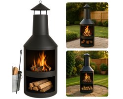 Cheqo® Terrashaard Metaal - Tuinhaard - Haard - Vuurkorf - Terraskachel met Houtopslag - Grote Buitenhaard met Schoorsteen