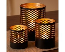 Cheqo® Theelichthouders Set van 3 - Waxinelichthouders Zwart met Goud - Kaarsenhouders - Windlichten Metaal - Decoratie Woonkamer - Sfeerverlichting Binnen - Tafeldecoratie - Waxinelichtjes - Sfeerlichten - Lantaarns - Woondecoratie