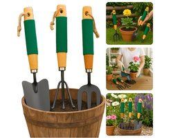 Cheqo® Tuingereedschap Set - Tuin Gereedschap Set - Tuingereedschapset - Hark - Spitvork - Plantschep - Tuin Accessoires - Voor Klein Tuinwerk - Houten Handvat - 27 cm