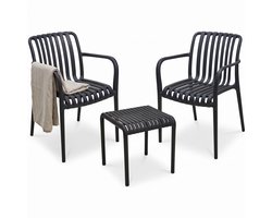 Cheqo® Tuinset 3-Delig - Loungeset - Balkonset - Bistroset - Tuinmeubelset - Kunststof Tuinset 2 Persoons - Loungestoelen - Tuinstoelen met Armleuning - Bijzettafel - Weerbestendig - Tuinmeubelen - Stapelbaar - Zwart