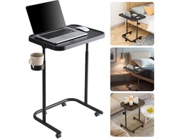 Cheqo® Verstelbare Bijzettafel Op Wieltjes - Banktafel - Koffietafel - Sidetable - Laptoptafel - Laptop Tafel - Bijzet Tafel - Zwart MDF - Kantelbaar