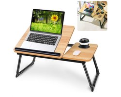 Cheqo® Verstelbare Laptoptafel - Ontbijt op Bed Tafel - Ontbijttafel - Laptopstandaard - Schoottafel - Opklapbare Bedtafel met Bekerhouder - MDF Walnoot