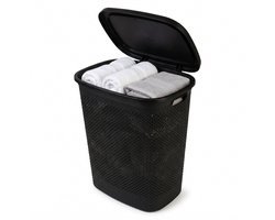 Cheqo® Wasmand met Deksel - Wasbox Zwart - Rotan Look Gevlochten - Opbergmand voor Badkamer en Slaapkamer - met Handvatten en Ventilatie - Waskorf voor Wasruimte - Wasgoedmand met Klapdeksel - Linnenmand - Grote Wasverzamelaar voor Wasgoed