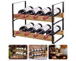 Cheqo® Wijnrek Metaal Hout - Flessenrek - Stapelbaar - Voor 8 Flessen - Paulownia Hout - Wijnflesrek - Wijnflessen Rek