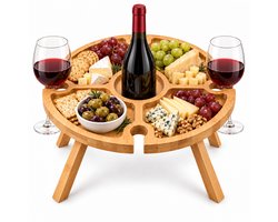 Cheqo® Wijntafel Inklapbaar - Picknicktafel - Bijzettafel - Wijnglashouder - Borrelplank - Kaasplank - Tapasplank - Mini Campingtafel - Klaptafel - Strandtafel - Borreltafel - Hapjestafel - Dranktafel - Wijn Accessoires - Wijn Cadeau