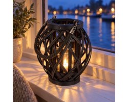 Cheqo® Windlicht Zwart - Bamboe Lantaarn - Kaarshouder met Glas - Lantaarn met Touw Handvat - Theelichthouder - Waxinelichthouder - Kaarsenlantaarn - Sfeerlantaarn - Tafeldecoratie - Woondecoratie - Vensterbank Decoratie - Sfeerverlichting