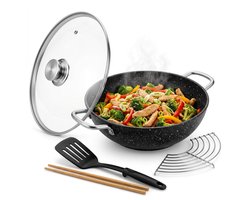 Cheqo® Wokpan Gietijzer - Wok met Glazen Deksel en Aromaknop - Inductie - PFAS Vrij - Anti-Aanbak - Marmeren Coating - voor Alle Warmtebronnen - Gas, Keramisch en Halogeen - Grillrooster, Spatel en Bamboestokjes - Wadjan - BBQ Wok