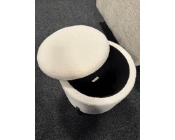 Cherchie -Poef met vier zwarte metalen poten - Met opbergruimte - Voetenbank met opbergruimte - Zit kist met deksel - Wit - Stof - 30 x 31 cm
