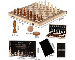 Chess&Checkers - Magnetische Schaak- en Dambord - Opvouwbaar - 2in1 Houten bord en stukken - Incl. Reistas - Schaakbord - Dambord