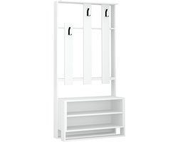 Chester Kapstok met Schoenenrek – Halmeubel 90×180×36 cm – Walnoot & Metaal – Kledingrek met Planken & Haken – Compacte Opbergkast voor Hal of Entree – Modern Luxe Meubel (Wit)