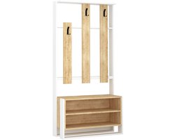 Chester Kapstok met Schoenenrek – Halmeubel 90×180×36 cm – Walnoot & Metaal – Kledingrek met Planken & Haken – Compacte Opbergkast voor Hal of Entree – Modern Luxe Meubel (Wit – Eiken)