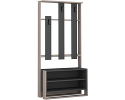 Chester Kapstok met Schoenenrek – Halmeubel 90×180×36 cm – Walnoot & Metaal – Kledingrek met Planken & Haken – Compacte Opbergkast voor Hal of Entree – Modern Luxe Meubel (Licht Mocha – Antraciet)
