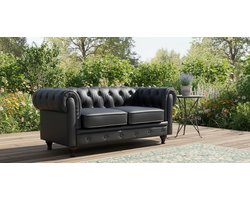 Chesterfield 2-zits Bank "Aliza" – Luxe Zwarte Lederen Sofa – House&Garden – Comfortabele Bank met Klassieke Engelse Stijl – Perfect voor Woonkamer, Kantoor of Lounge – 157 x 82 x 70 cm